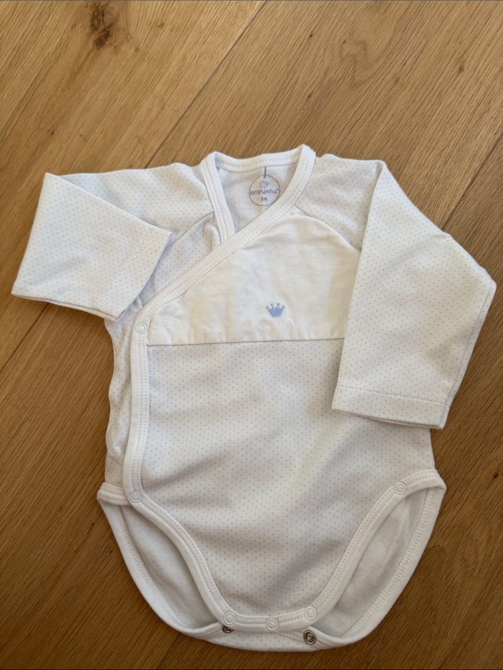 White Long-Sleeve Kimono Bodysuit with Subtle Crown Detail